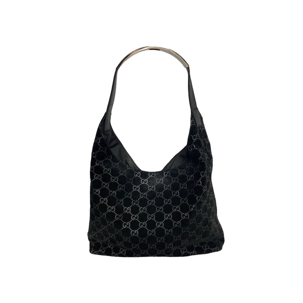 Gucci Black Suede Monogram Hobo Shoulder Bag