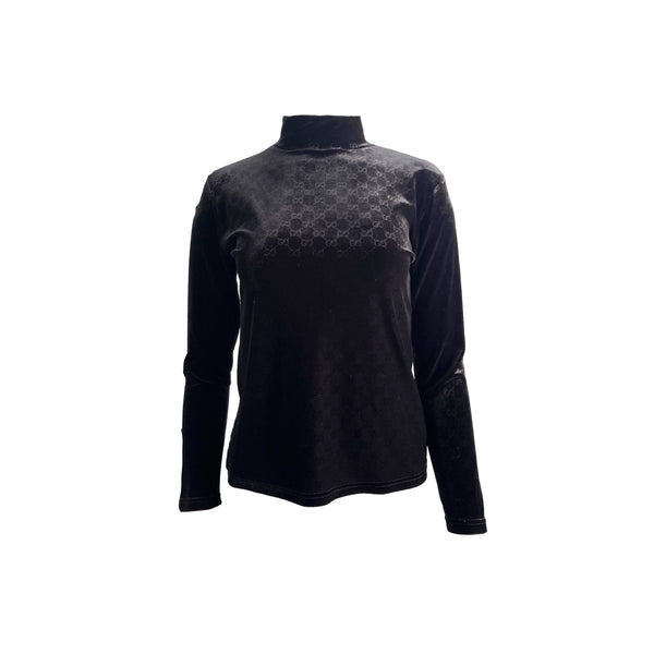 Gucci Black Monogram Velour Turtleneck - Apparel