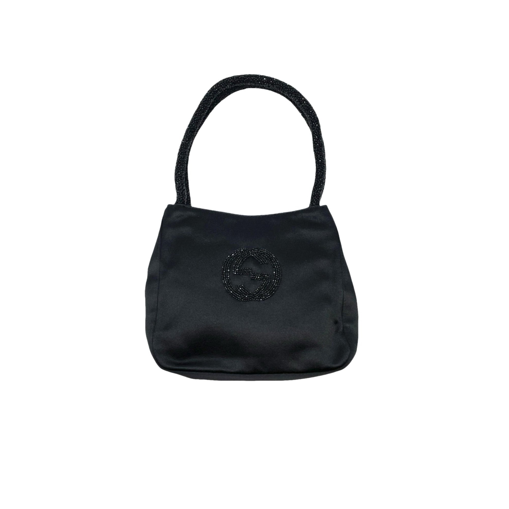 Gucci Black Silk Beaded Logo Bag - Handbags