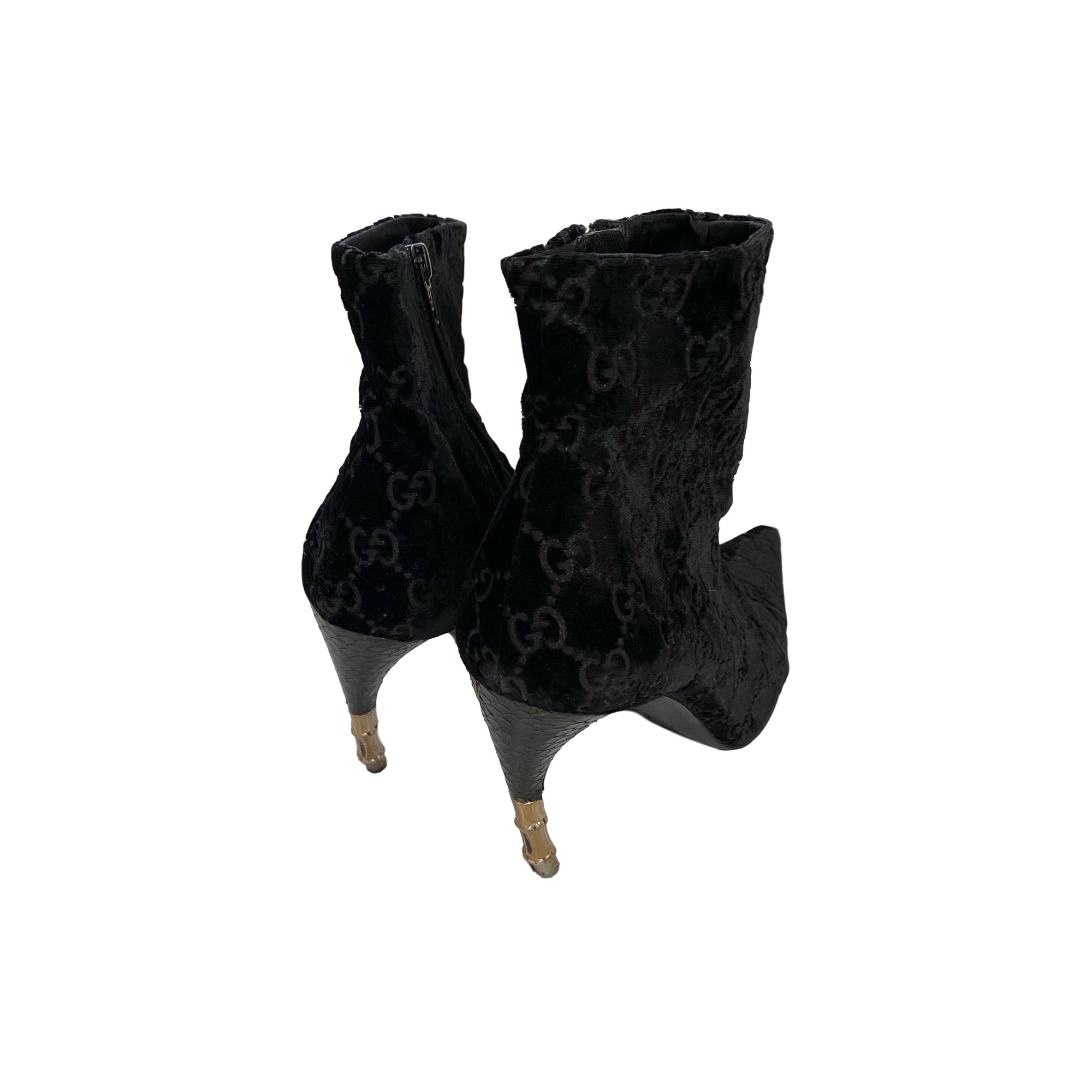 Gucci Black Velvet Monogram Boots - Shoes