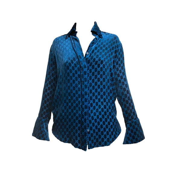 Gucci Blue Velour Button Down - Apparel