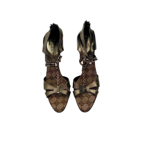 Gucci Bronze Monogram Dragon Strap Heels - Shoes