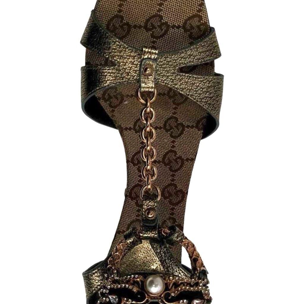Gucci Bronze Monogram Dragon Strap Heels - Shoes