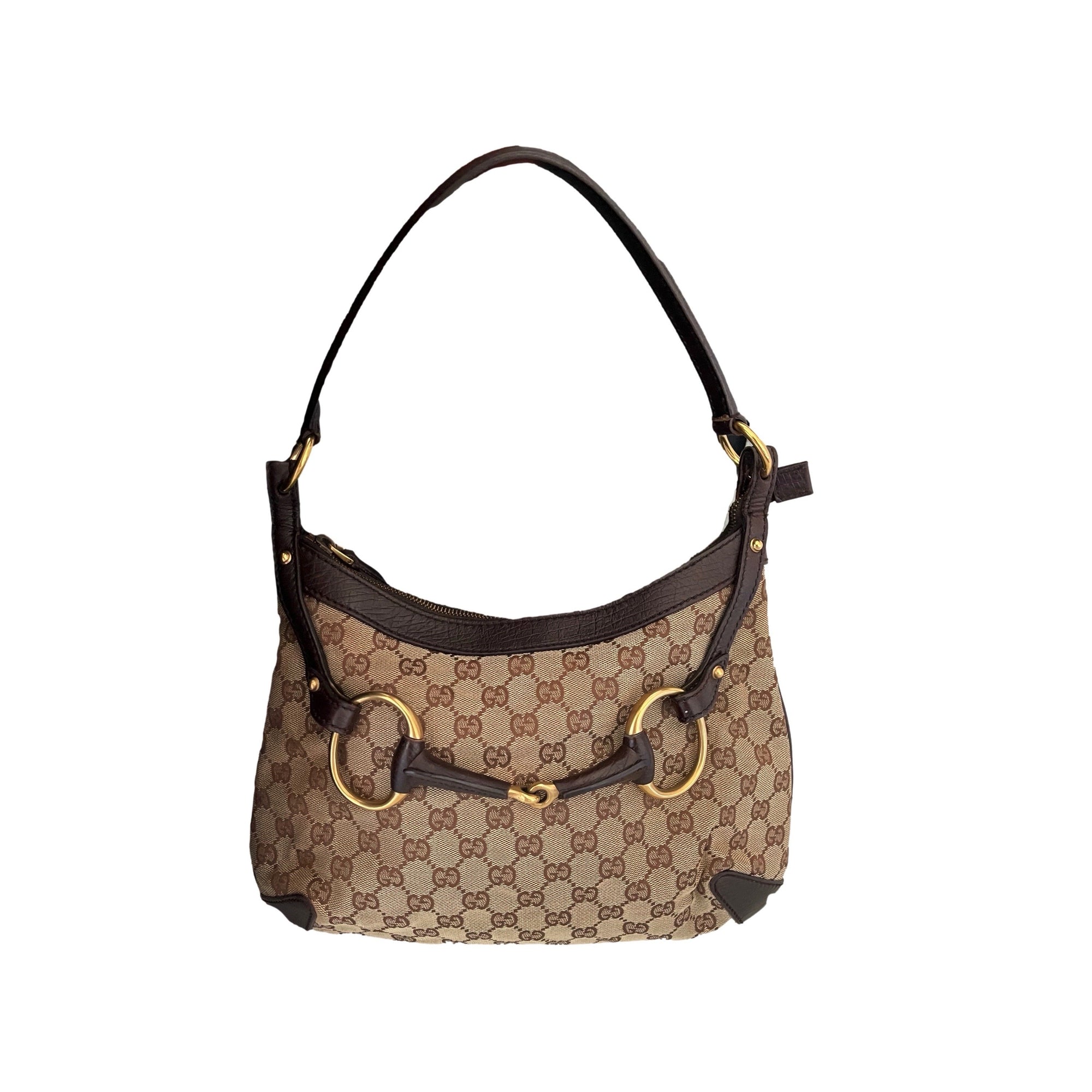 Gucci Brown Monogram Horsebit Shoulder Bag - Handbags