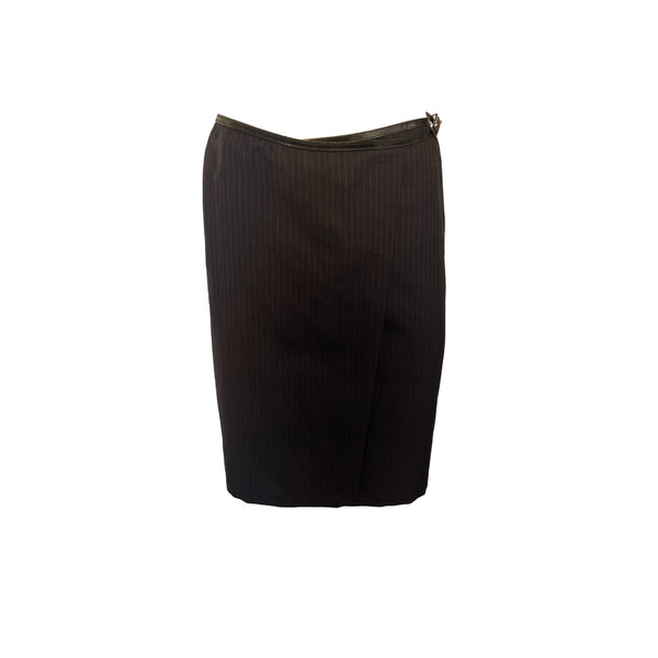 Gucci Navy Pinstripe Belted Logo Wrap Skirt - Apparel