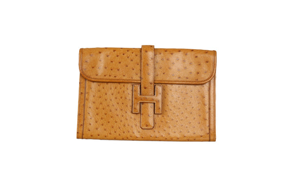 Hermes Camel Ostrich Jige Clutch - Handbags