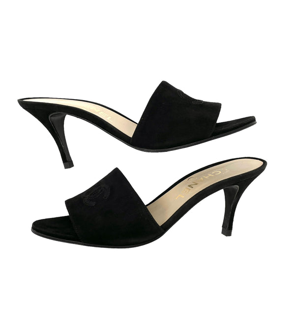 Chanel Black Suede Logo Heels