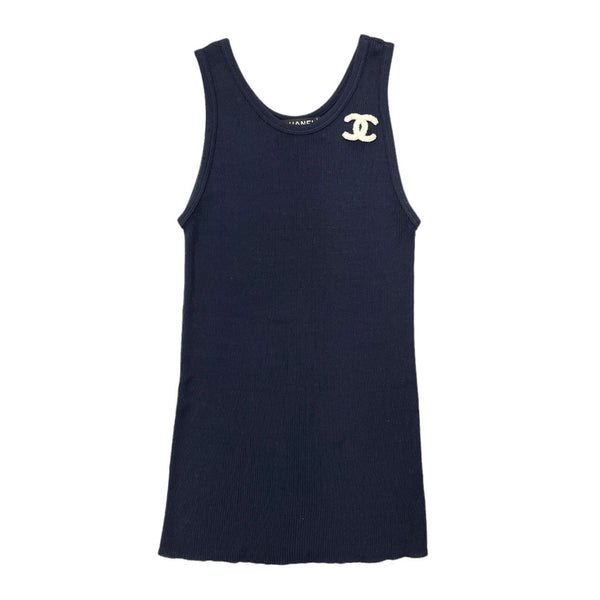 Chanel Navy Ribbed Logo Tank Top