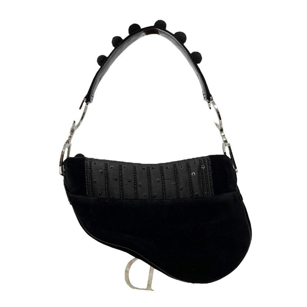 Dior Black Pom Pom Velvet Saddle Bag