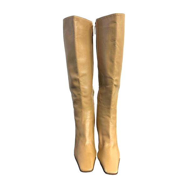 Chanel Tan Logo Knee High Boots