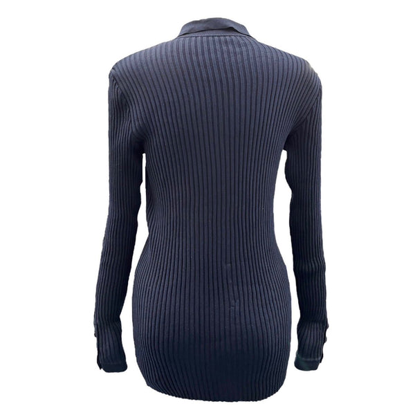 Chanel Navy Ribbed Logo Button Long Sleeve