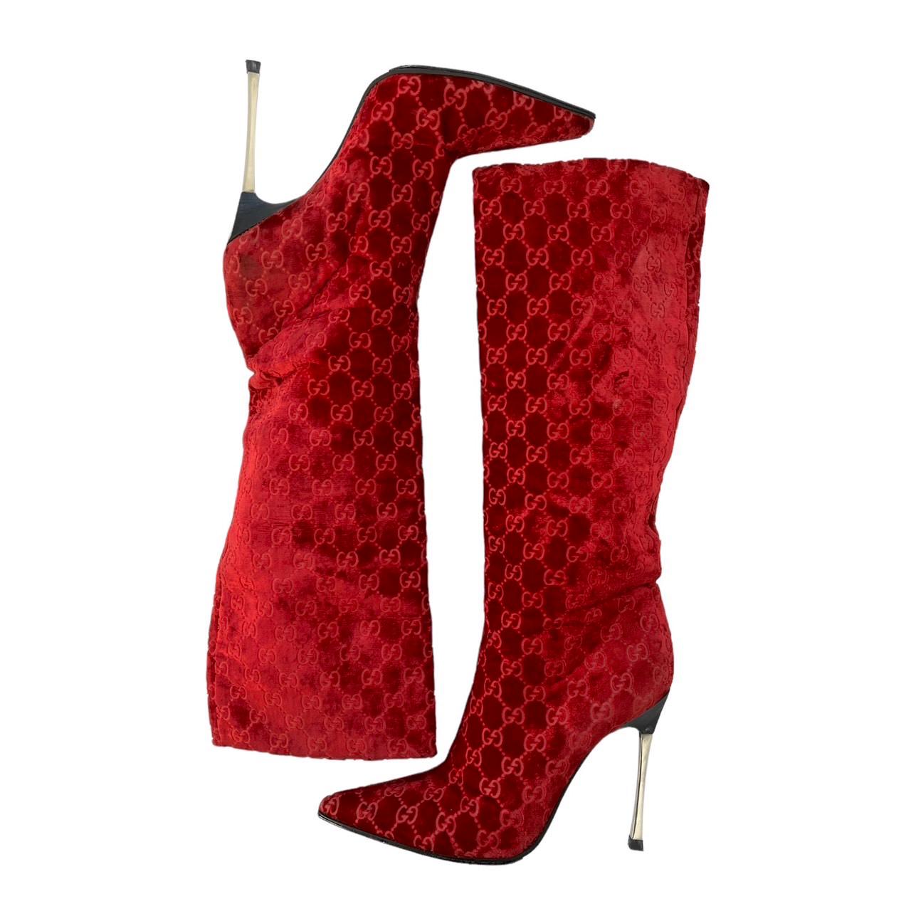 Gucci Red Velour Logo Boots
