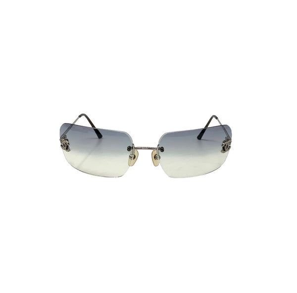 Chanel Blue Rhinestone Rimless Logo Sunglasses
