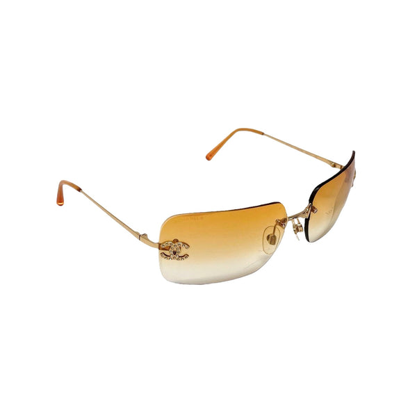 Chanel Orange Rhinestone Logo Rimless Sunglasses