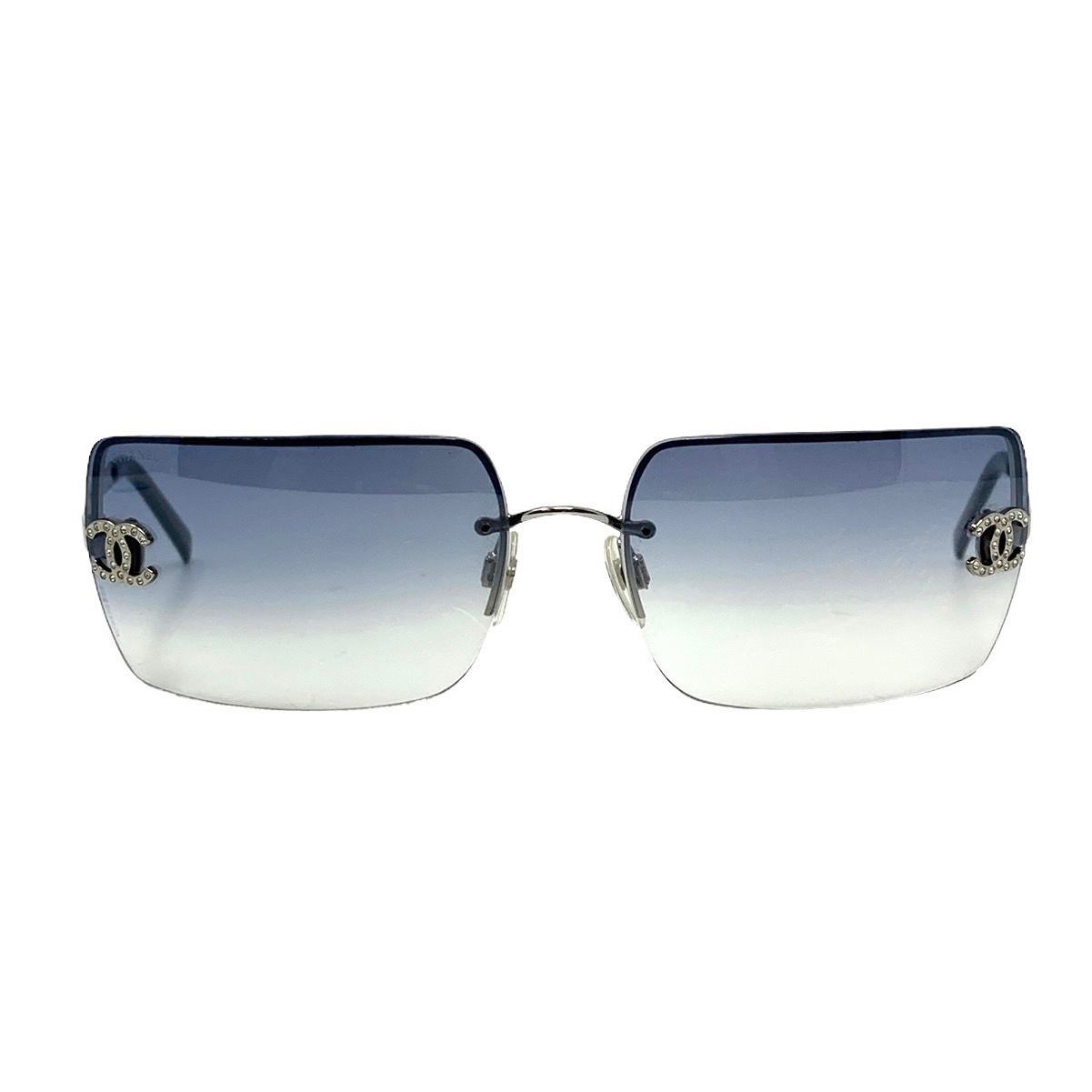 Chanel Blue Rimless Rhinestone Logo Sunglasses