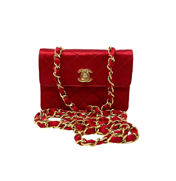 Chanel Women Top Handle Flap Card Holder Quilted Leather Chain Shoulder Bag Red