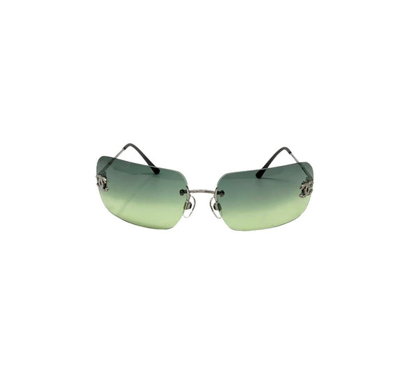 Chanel Sunglasses Logo Rimless Reflective Oval Silver CC 