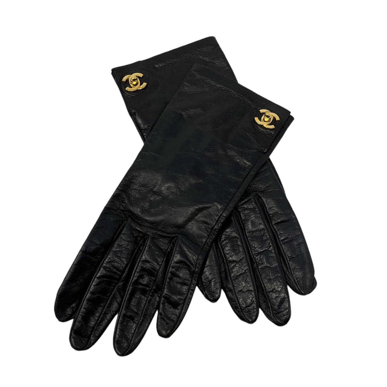 chanel handschuhe leder Chanel Black Logo Turnlock Leather Gloves – Treasures of NYC