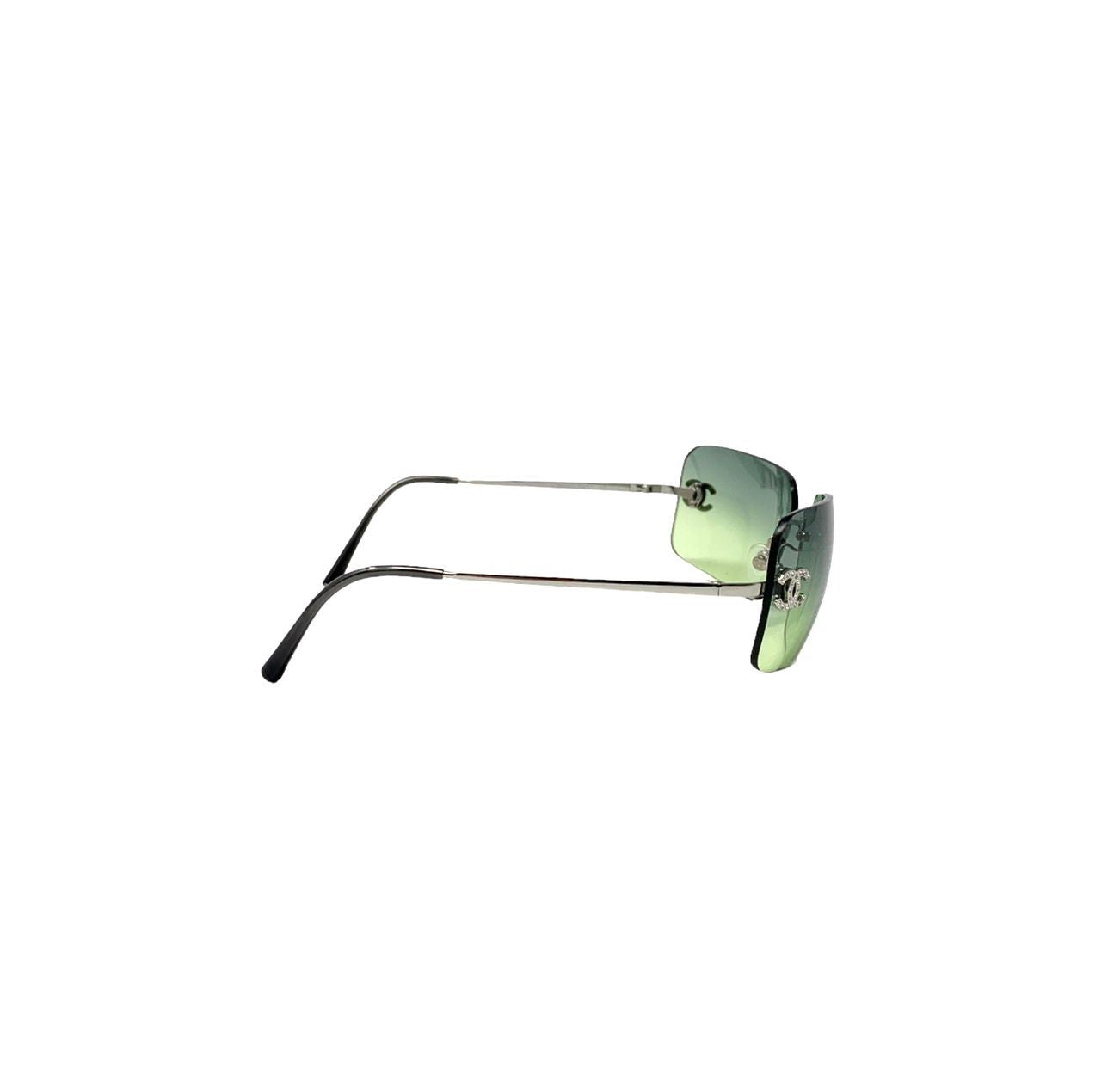 Chanel Lime Green Rhinestone Rimless Logo Sunglasses