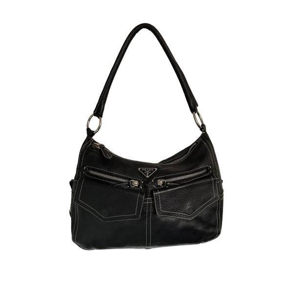 Prada Black Leather Pocket Shoulder Bag