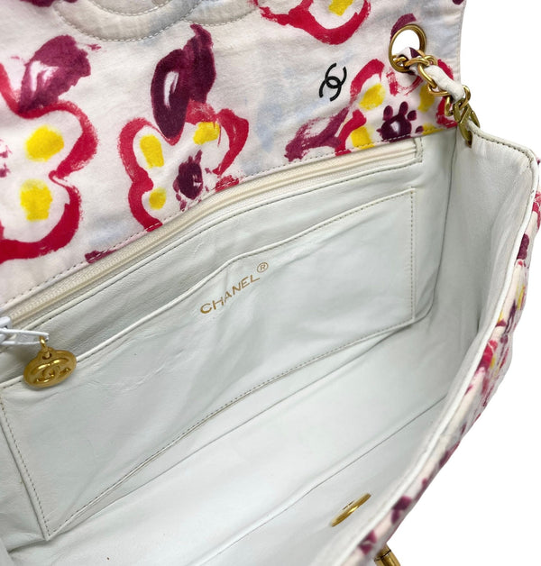 Chanel White Floral Canvas Flap Bag