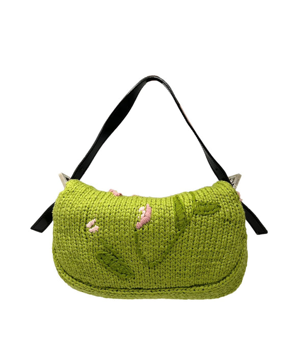 Fendi Green Knit Floral Baguette Bag