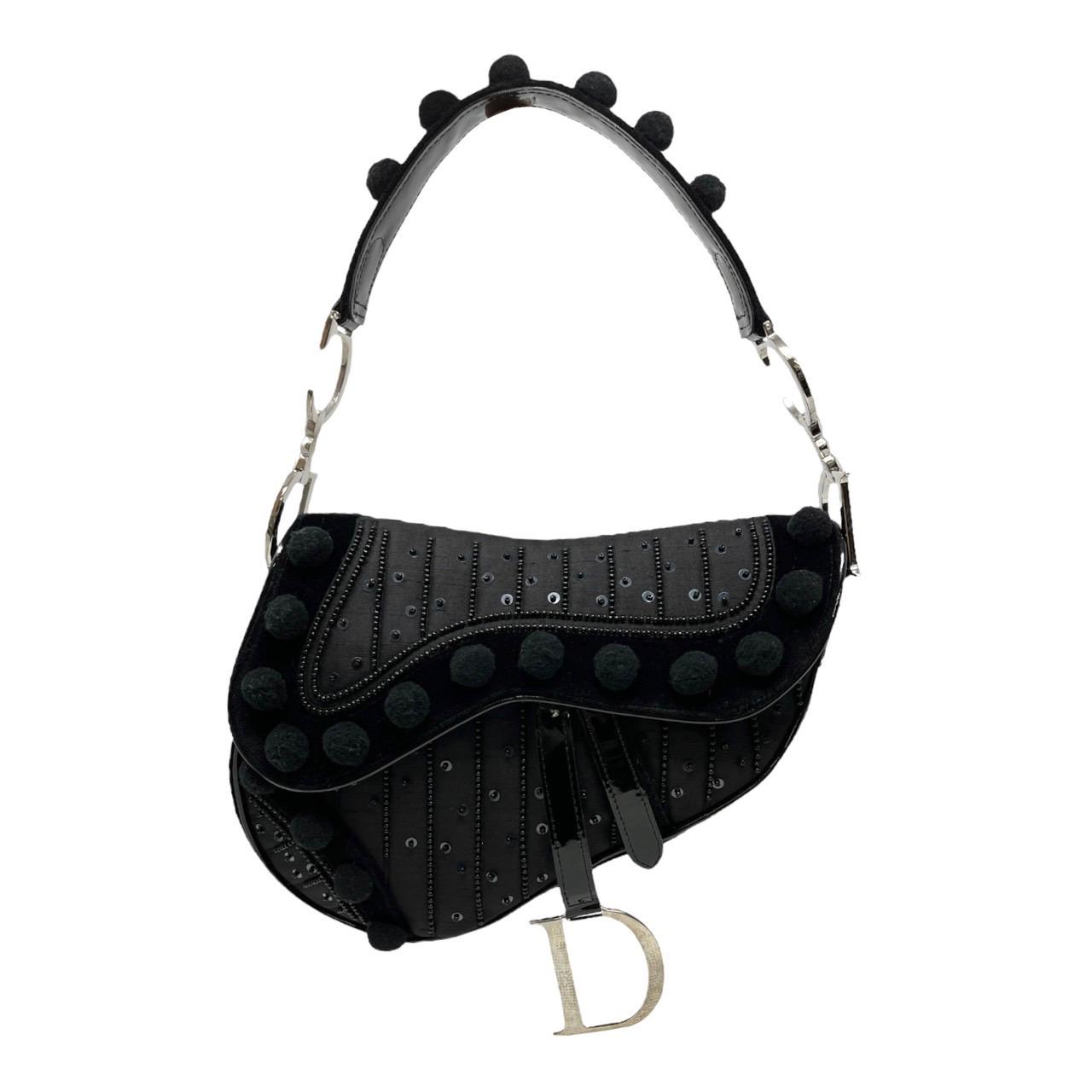 Dior Black Pom Pom Velvet Saddle Bag