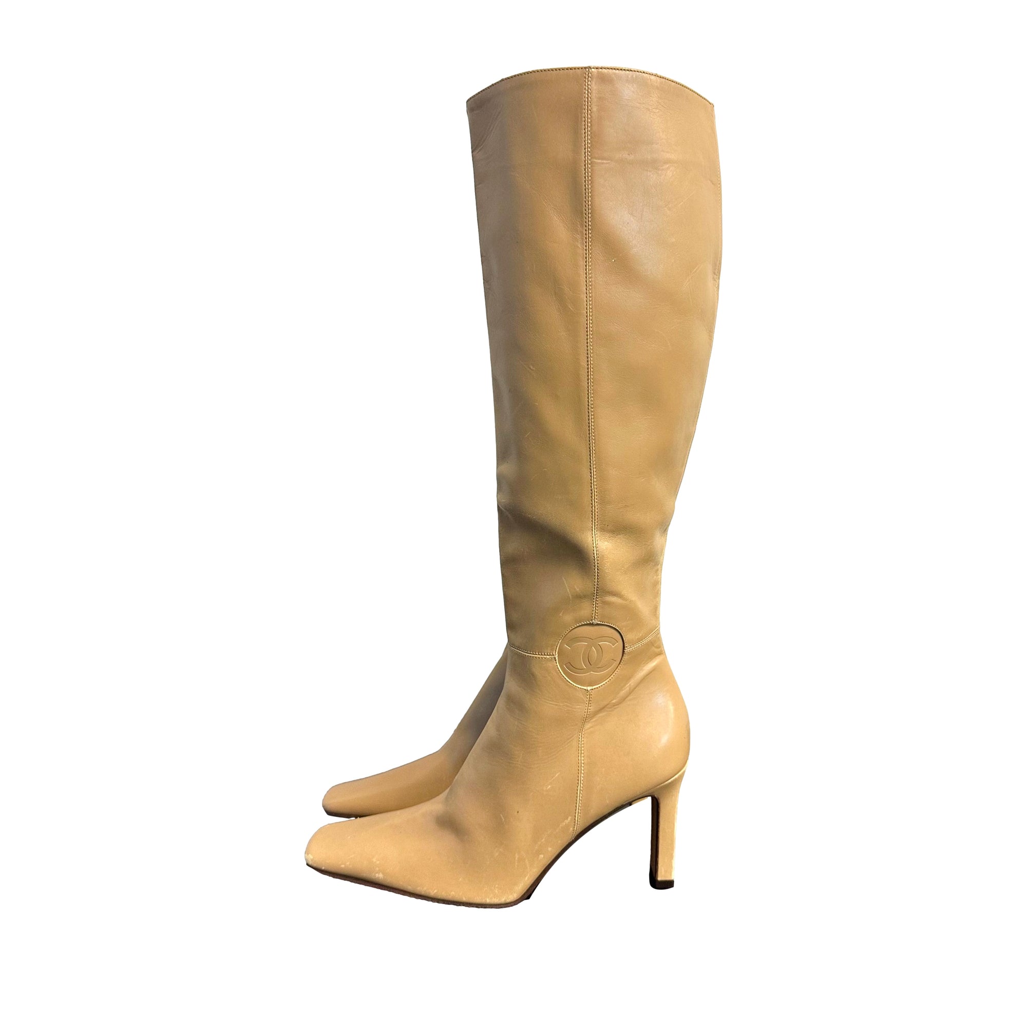 Chanel Tan Logo Knee High Boots