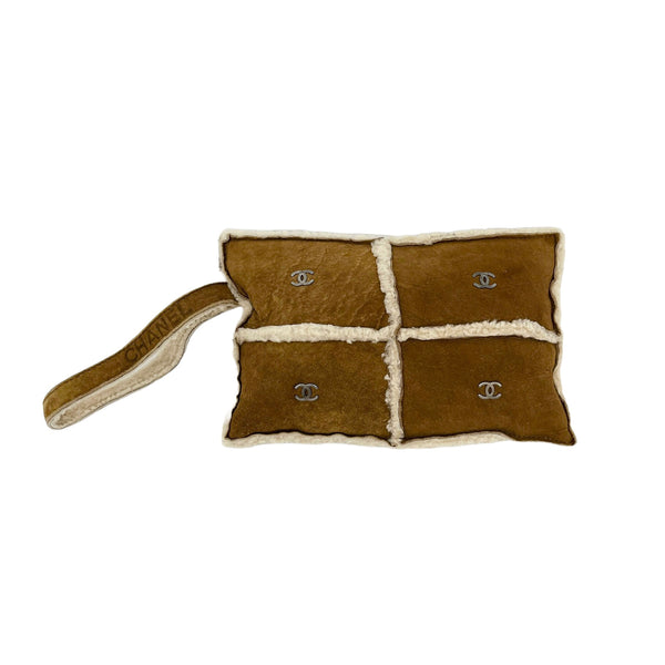 Chanel Brown Shearling Logo Clutch