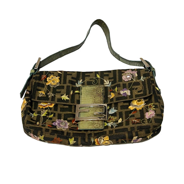 Fendi Brown Logo Floral Embroidered Baguette