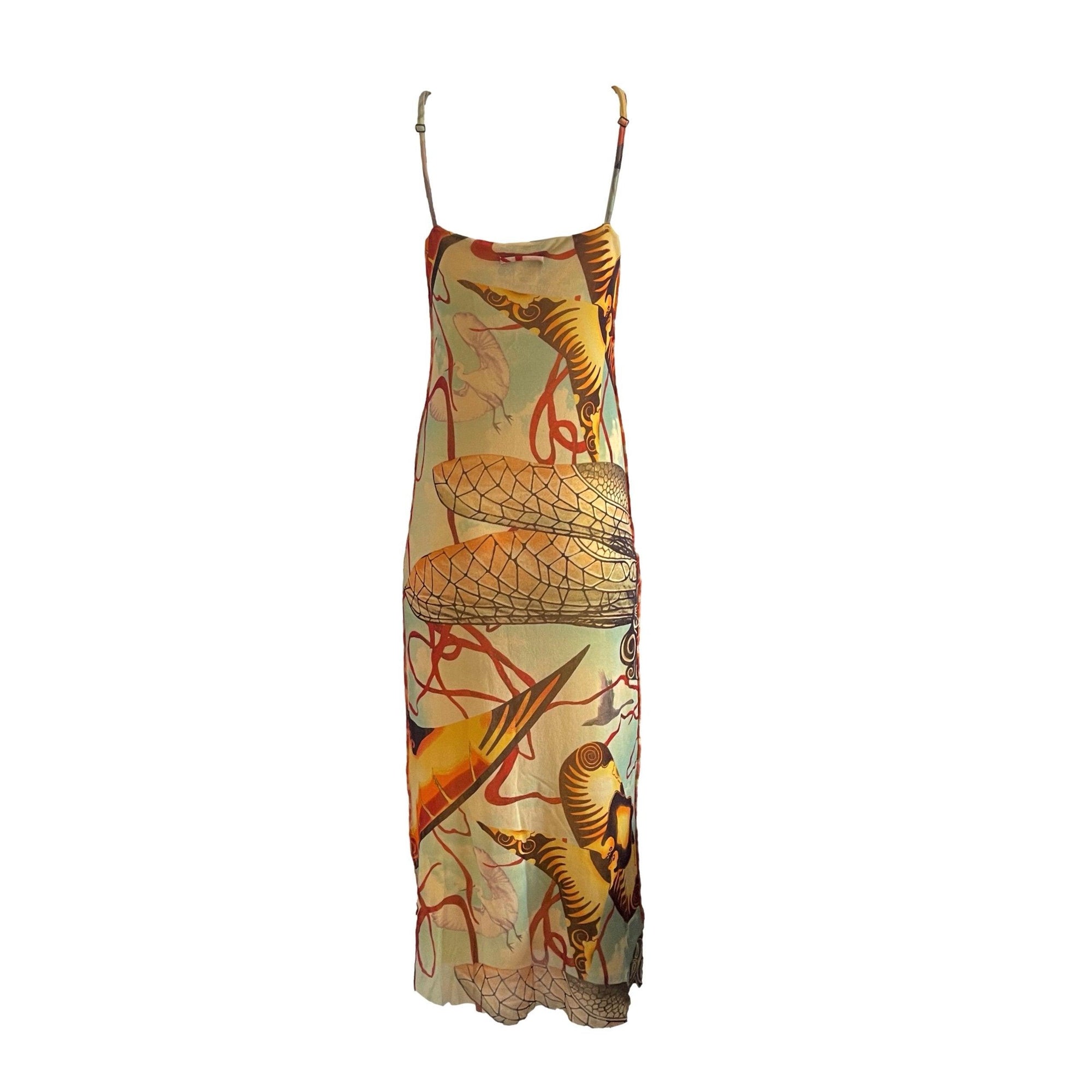 jean paul gaultier beige & orange graphic maxi dress Jean Paul Gaultier Orange Print Maxi Dress