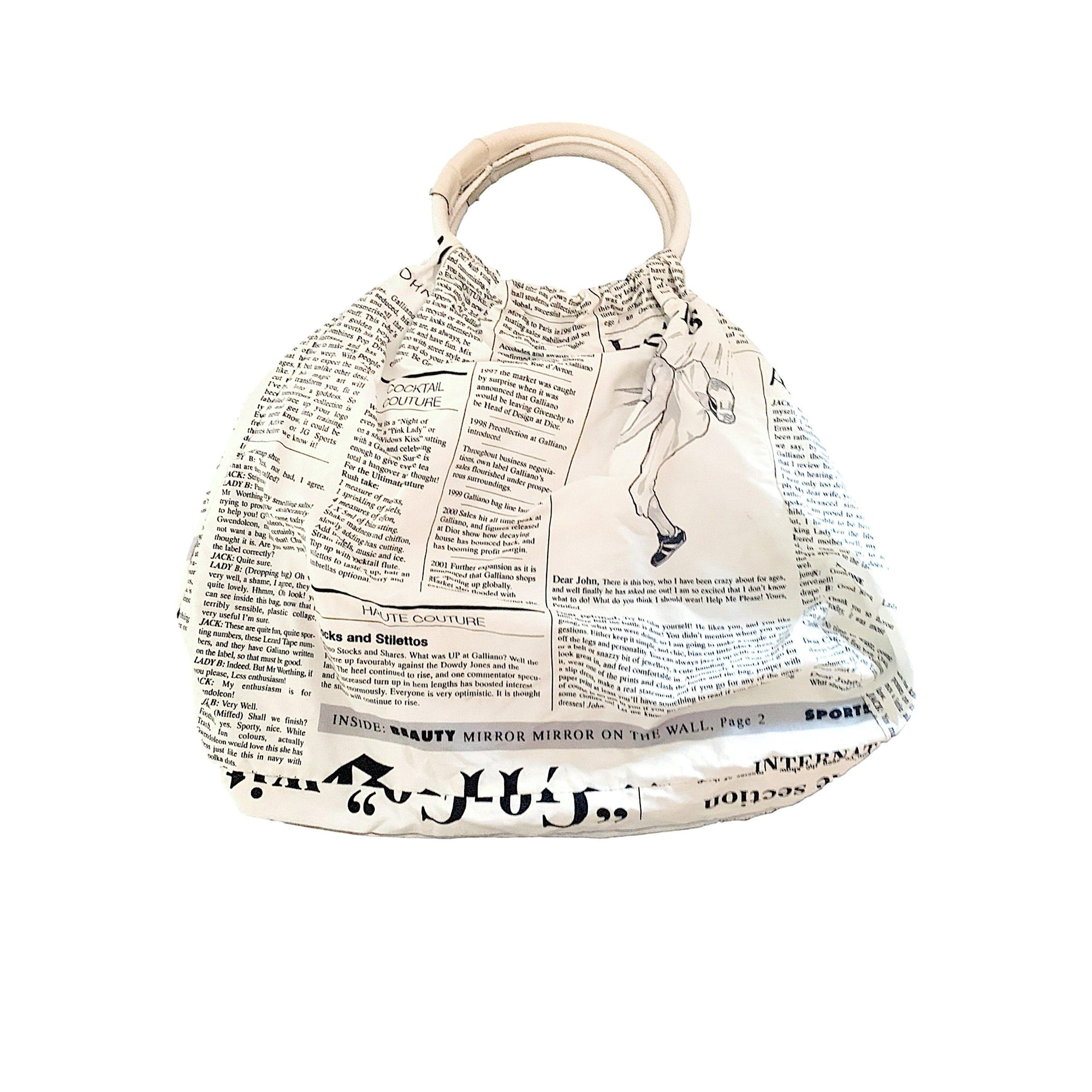 John Galliano White Newsprint Ring Handle Bag - Handbags
