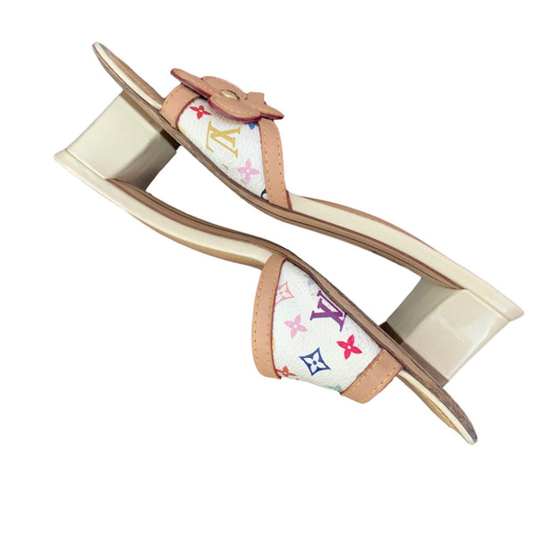 Louis Vuitton White Multicolor Flower Logo Kitten Heels - 