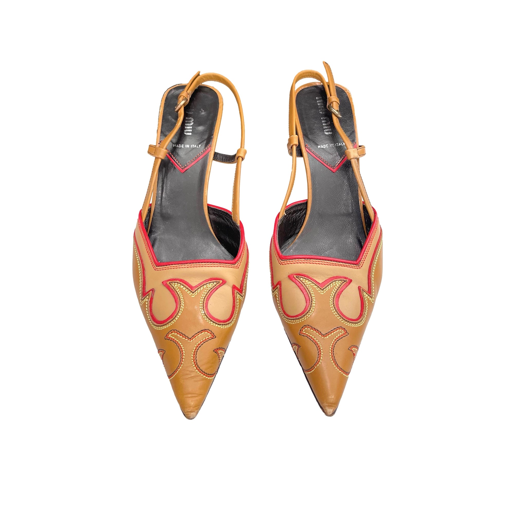 Miu Miu Brown Leather Embroidered Heel - Shoes