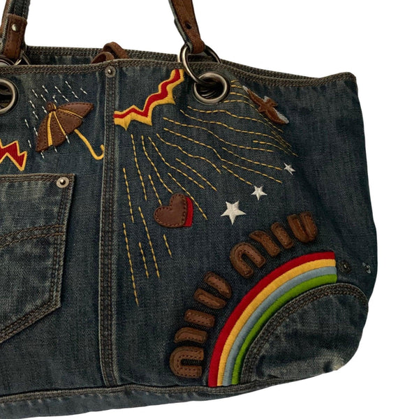 Miu Miu Denim Embroidered Tote - Handbags