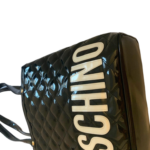 Moschino Black Patent Logo Shoulder Bag - Handbags