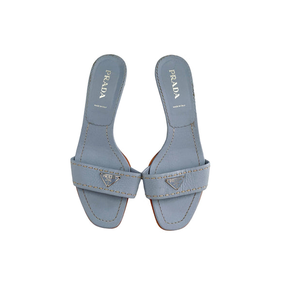 Prada Baby Blue Logo Kitten Heels - Shoes