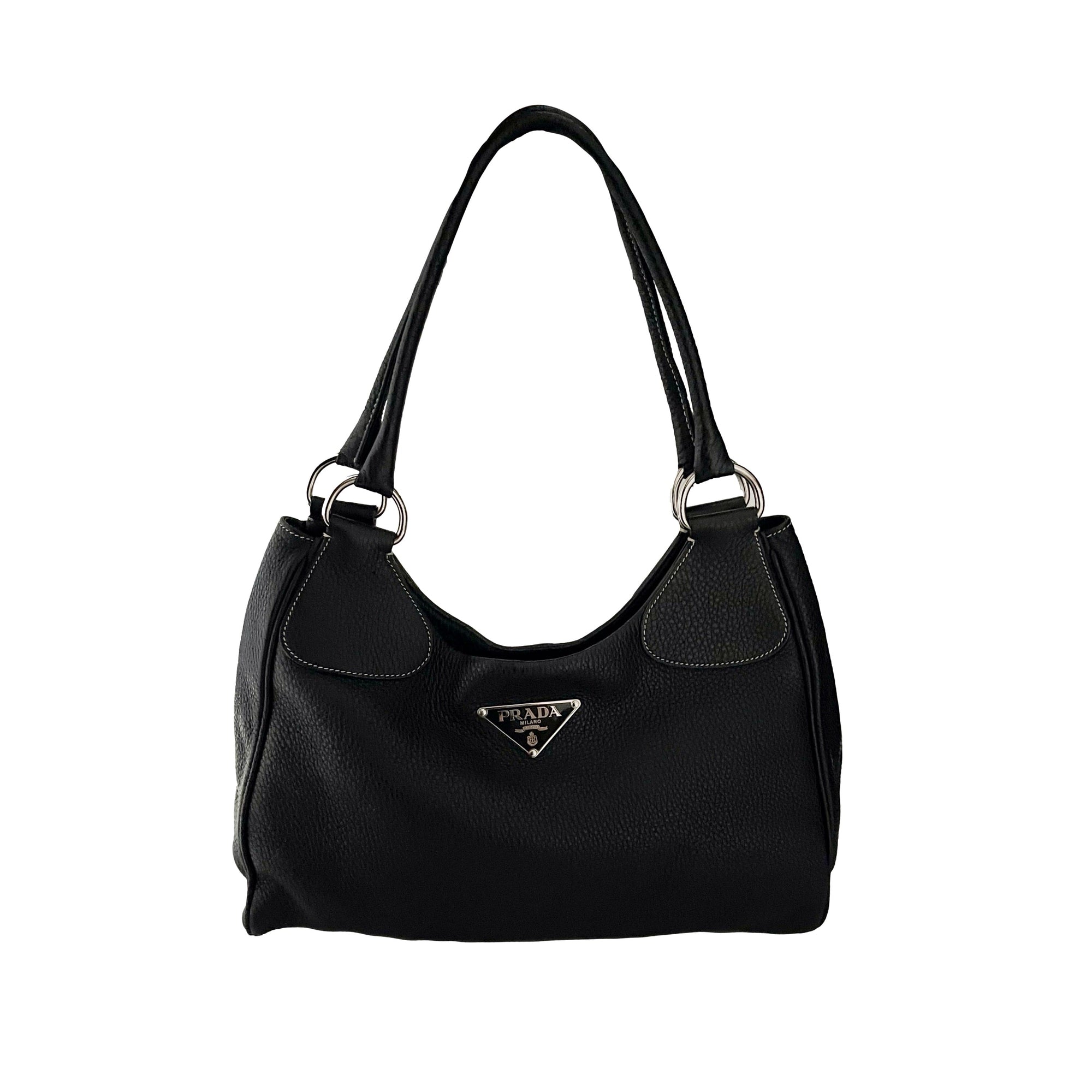 Prada Black Leather Logo Hobo Shoulder Bag - Handbags