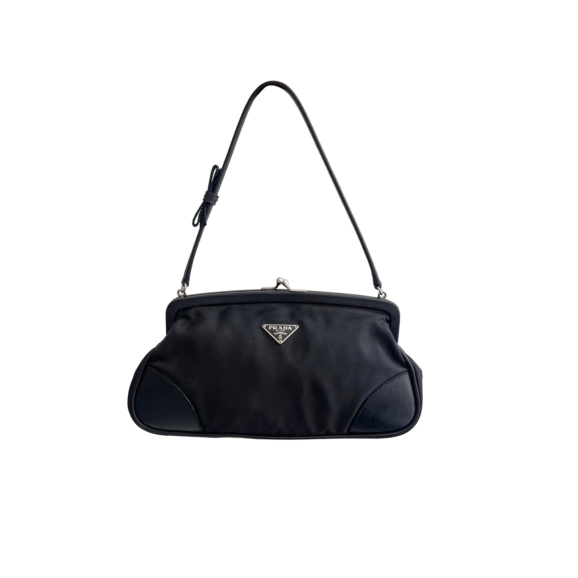 Prada Black Nylon Kiss Lock Shoulder Bag - Handbags