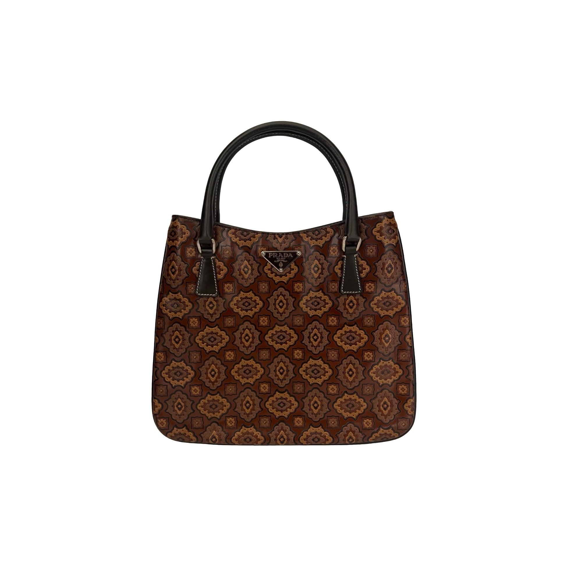 Prada Brown Brocade Top Handle Bag - Handbags