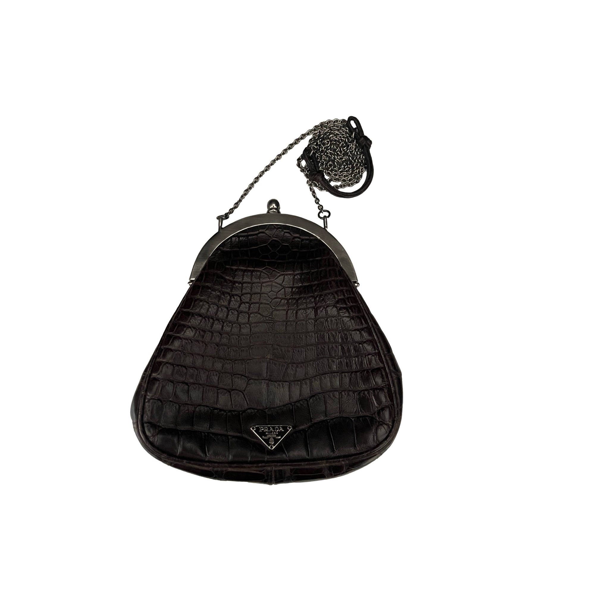 Prada Brown Croc Embossed Kisslock Bag - Handbags