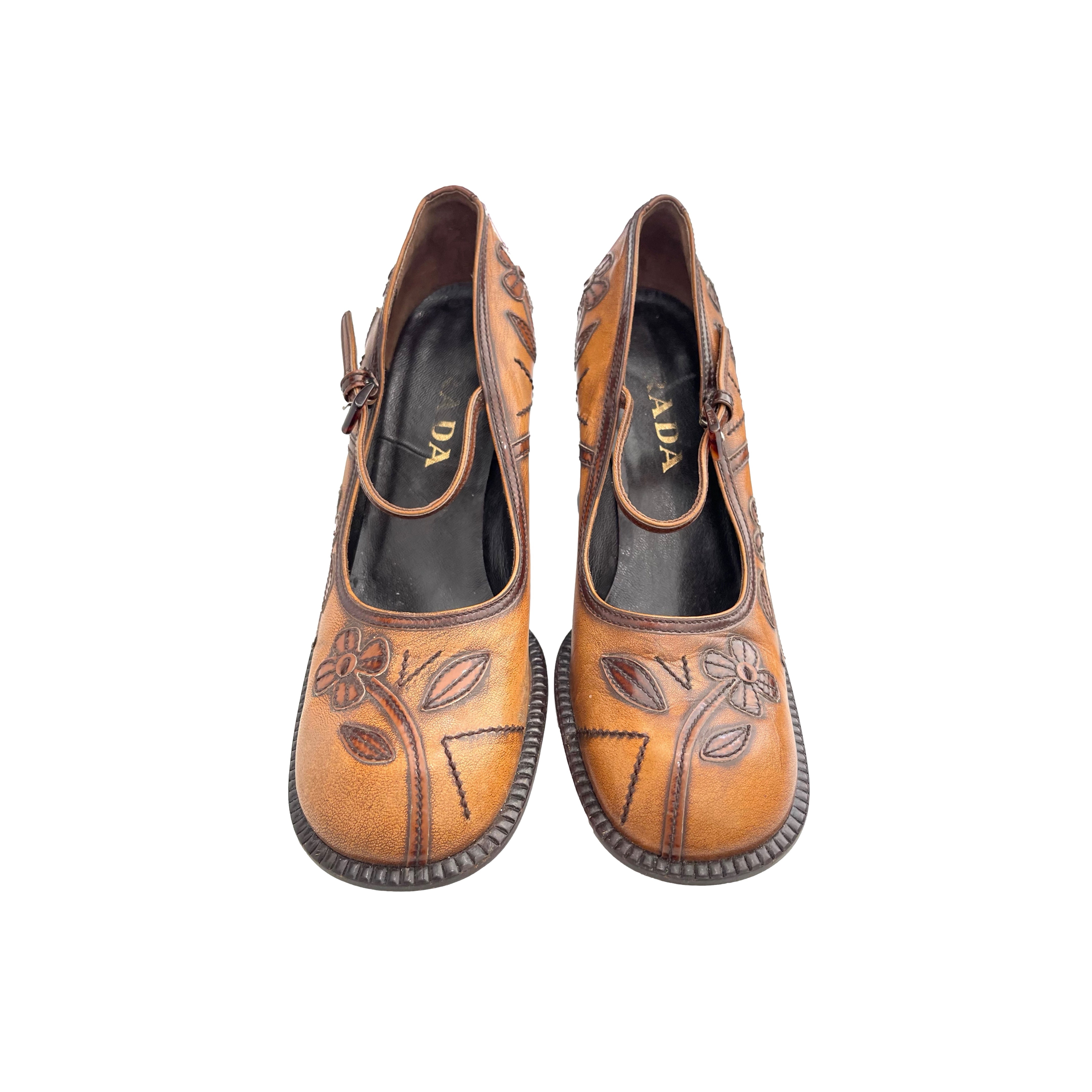 Treasures of NYC - Prada Brown Leather Floral Mary Jane Heel