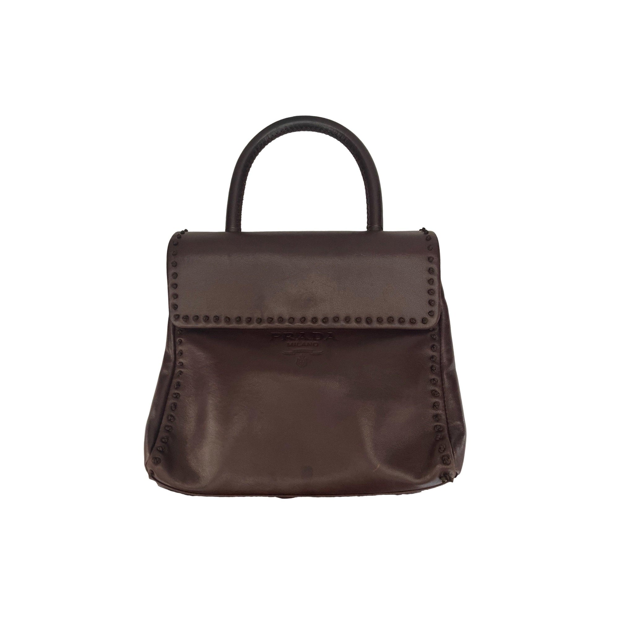 Prada Brown Leather Top Handle Bag - Handbags