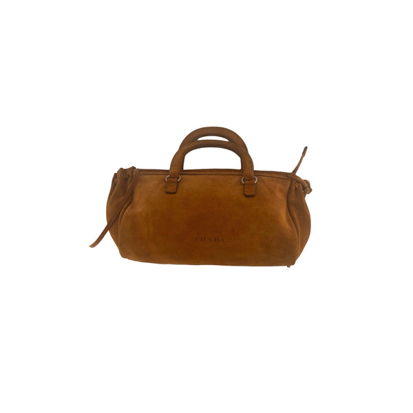 Prada Brown Suede Logo Mini Top Handle - Handbags