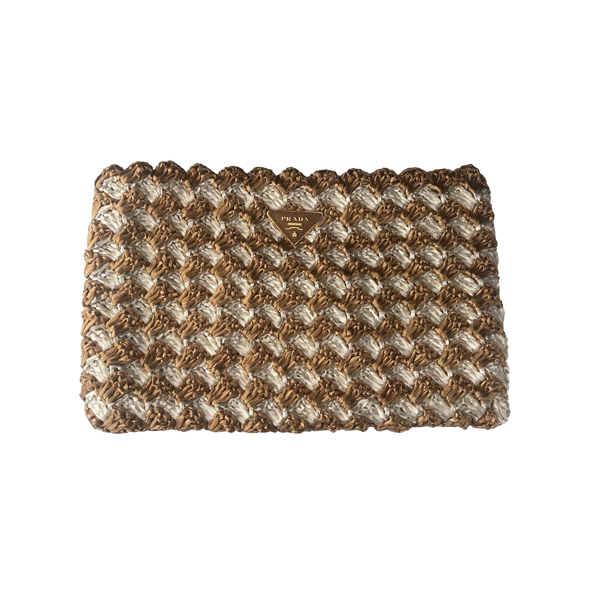 Prada Gold Raffia Woven Clutch - Handbags