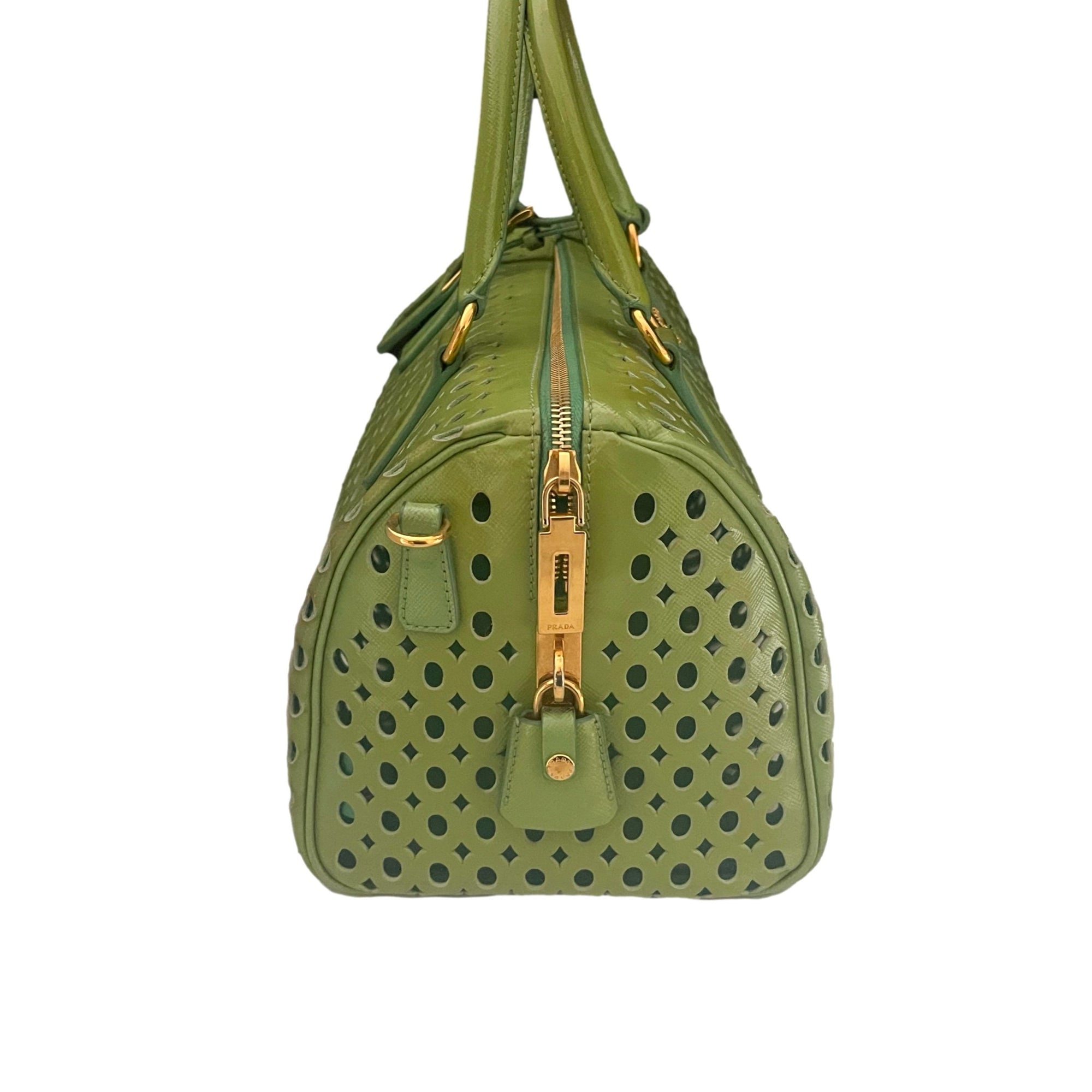 Prada Lime Green Perforated Satchel - Handbags