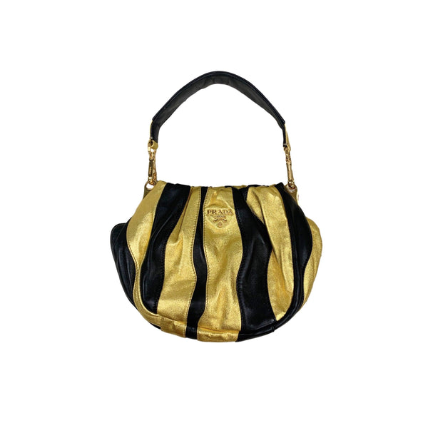 Prada Mini Black and Gold Leather Striped 2way Bag