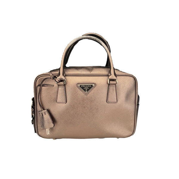 Prada Pewter Logo Top Handle Bag - Handbags