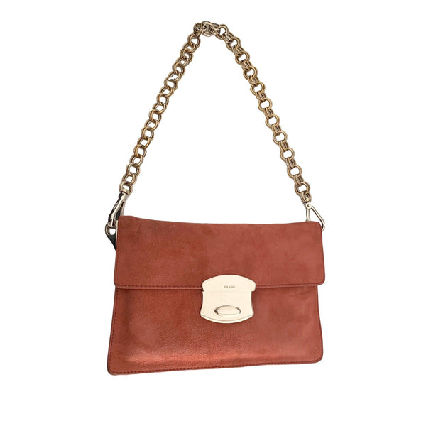 Prada Salmon Suede Logo Chain Mini Bag - Handbags