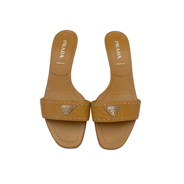 Prada Tan Leather Logo Heels - Shoes